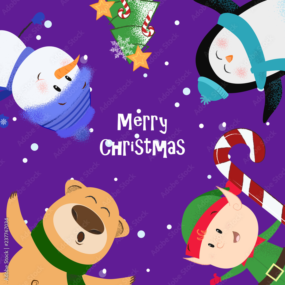 Merry Christmas dark violet banner design with cartoons. Inscription with penguin, bear, elf and snowman on purple background. Can be used for postcards, invitations, greeting cards Merry Christmas dark violet banner design with cartoons. Inscription with penguin, bear, elf and snowman on purple background. Can be used for postcards, invitations, greeting cards