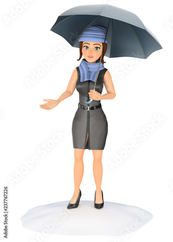 3D Business woman protecting herself from the rain with an umbrella
