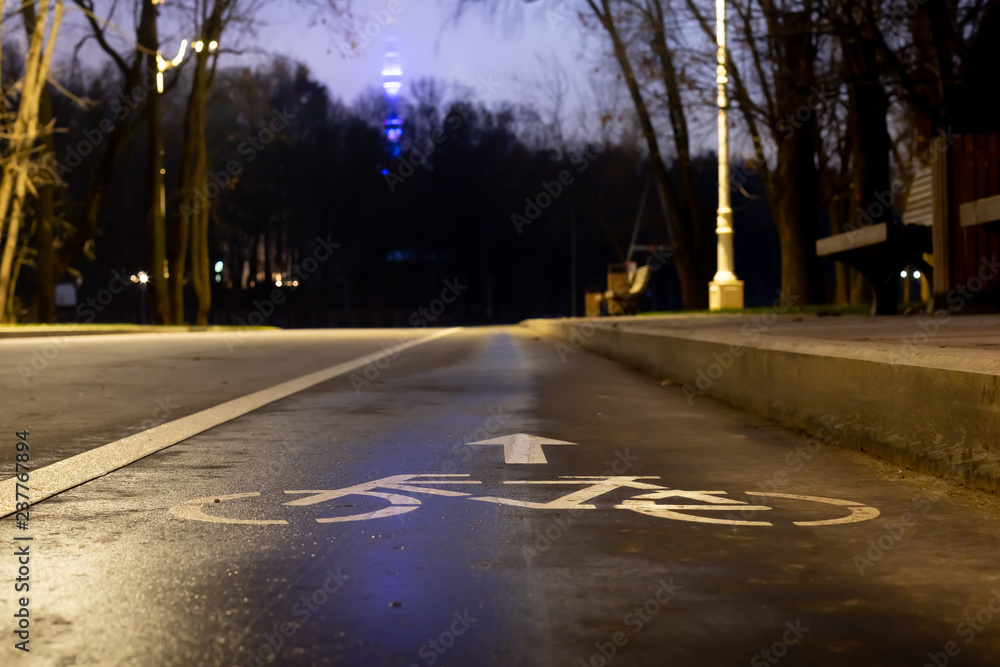 Sign bicycle path. At night in the park. this way to your health. Headlights shine towards. Headlights shine towards. Sports lifestyle