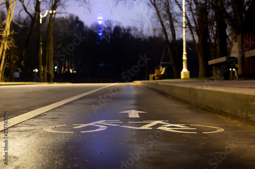 Sign bicycle path. At night in the park. this way to your health. Headlights shine towards. Headlights shine towards. Sports lifestyle