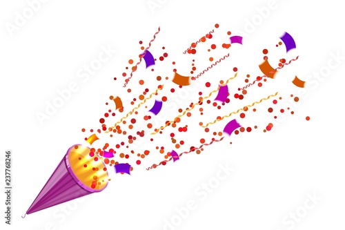 Bright party cracker with kofetti in isometric style on a white background. Exploding slapstick for a holiday, party, congratulations and birthday. Vector illustration of popper
