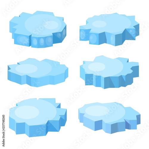 Set of blue ice floes in isometric style. Trend isometry ice on a white background. Vector illustration of design elements north sea natural phenomenon