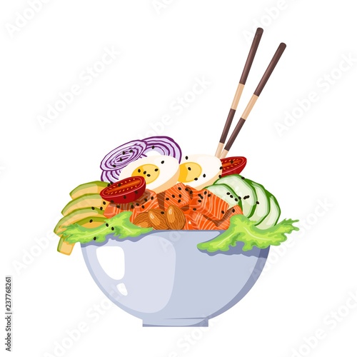 White round poke bowl with salmon, avocado,cucumber, egg, onion rings and tomato on a white background. Trend Hawaiian food. Vector illustration of healthy food.