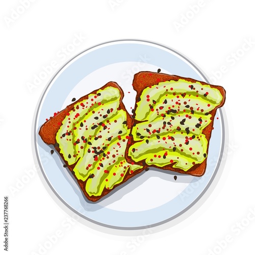 Beautifully plated avocado toast.  Sandwich with avocado paste and spices  and black sesame . Vector illustration healthy food.