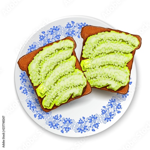 Beautifully plated avocado toast.  Sandwich with avocado paste and spices  and black sesame . Vector illustration healthy food.