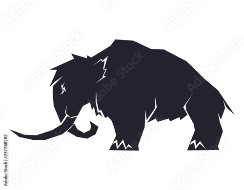 Black silhouettes of mammoths on a white background. Prehistoric animals of the ice age in various poses. Elements of nature and evolutionary development. Vector illustration.