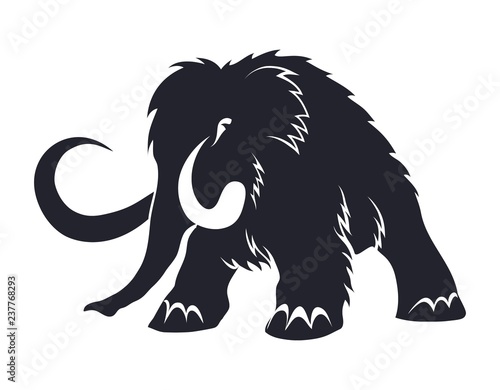 Black silhouettes of mammoths on a white background. Prehistoric animals of the ice age in various poses. Elements of nature and evolutionary development. Vector illustration.