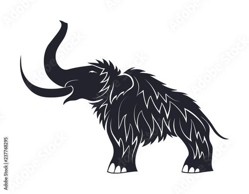 Black silhouettes of mammoths on a white background. Prehistoric animals of the ice age in various poses. Elements of nature and evolutionary development. Vector illustration.