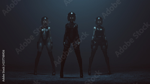 3 Sexy Biker Demon Woman in Leather Boots and Crash Helmets in a foggy void 3d Illustration 3d render