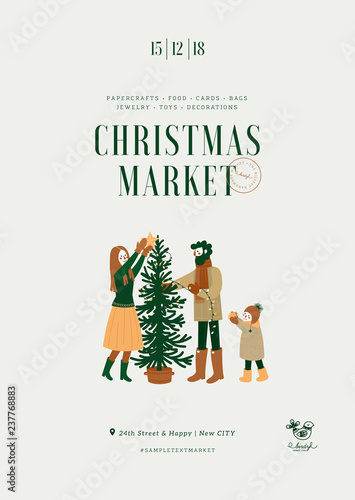 Christmas fair poster. Minimalist design template. Art and craft market. Vector illustration
