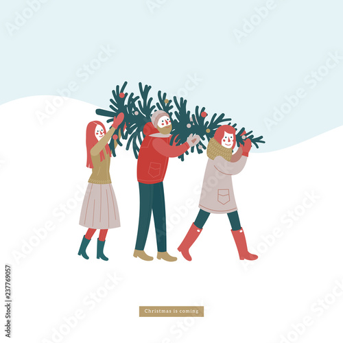 Happy friends carrying christmas tree. Preparing for holidays. Greeting card. Vector illustration