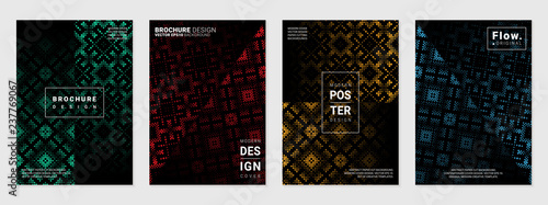 Vector set of cover design template with minimal geometric patterns; Mixed styles - ancient ethnic embroidery and digital pixel art; Modern different color gradient.