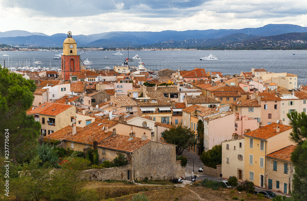 View to the rooftops and church tower of the old town of Saint Tropez, French Rivera, France.