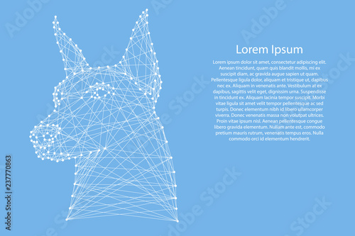Doberman dog head from abstract futuristic polygonal white lines and dots on blue background for banner, poster, greeting card. Vector illustration.