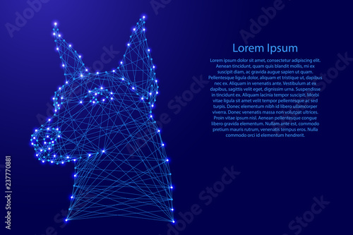 Doberman dog head from futuristic polygonal blue lines and glowing stars for banner, poster, greeting card. Vector illustration.