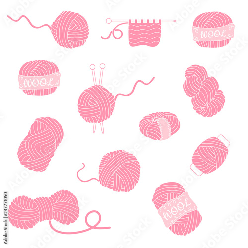 Collection of hand drawn pink balls of yarn for knitting on white background