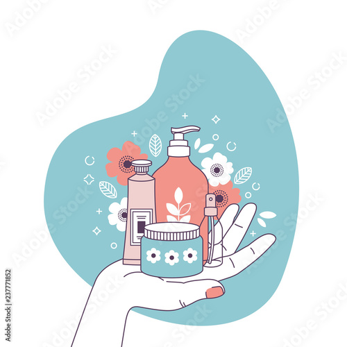 Woman hand holding cosmetics.  Shopping. Organic cosmetics. Feminine illustration. Vector illustration