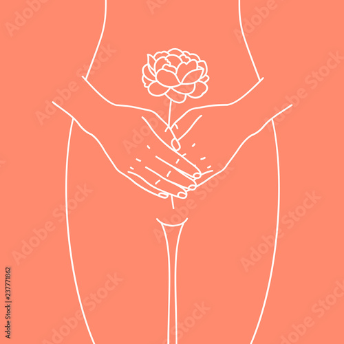 Woman health illustration. Intimate hygiene. Hands with the flower. Vector illustration