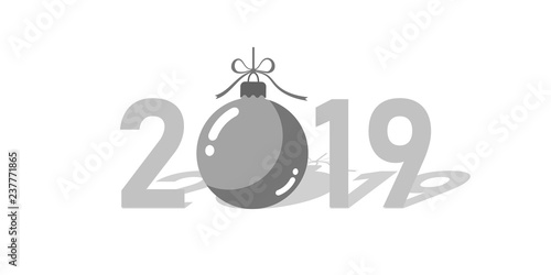 Happe New Year silver background. Isolated 2019 gray numbers, bauble. Flat Christmas ball. Design for celebration card, holiday greeting, calendar, banner. Typography graphic. Vector illustration