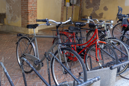 Bicycles stand on bike rack