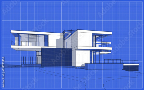 3d rendering sketch of modern cozy house with garage for sale or rent. Graphics black line sketch with white spot on blueprint background © korisbo