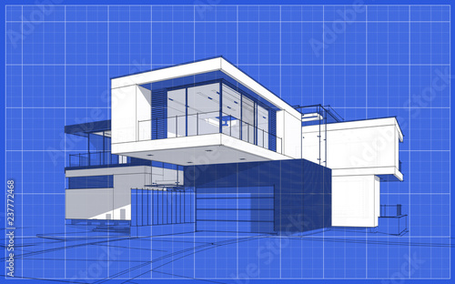 3d rendering sketch of modern cozy house with garage for sale or rent. Graphics black line sketch with white spot on blueprint background © korisbo