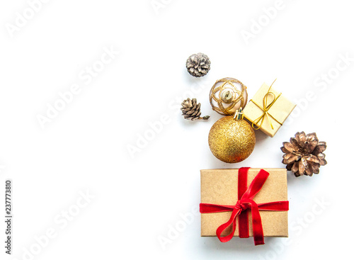 christmas gift boxes , balls on white background