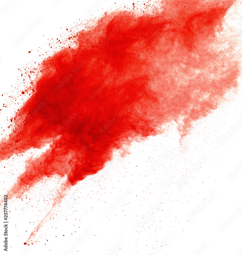 Red powder explosion on white background. Paint Holi.