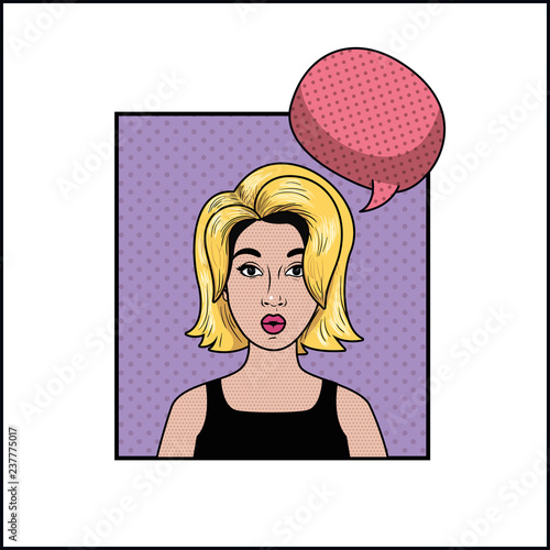 blond woman with speech bubble pop art style