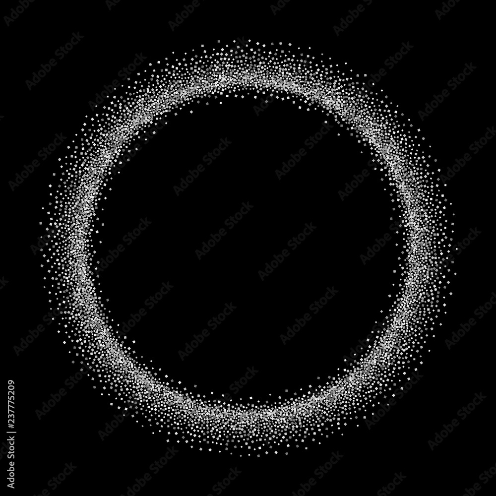 Silver circle isolated black background. Round gray frame, confetti, sparkles and sequins dust. Border design Christmas party, shine birthday decoration, bright Valentine card Vector illustration Silver circle isolated black background. Round gray frame, confetti, sparkles and sequins dust. Border design Christmas party, shine birthday decoration, bright Valentine card Vector illustration
