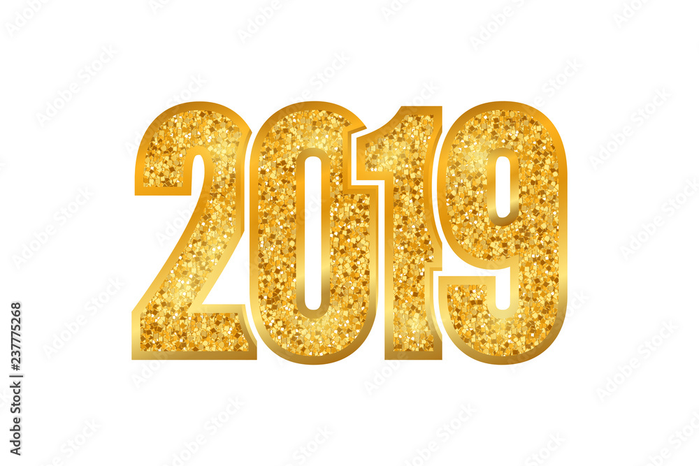 Happy New Year shiny gold number 2019. Golden glitter digits, isolated white background. Shiny glowing design, light sparkle Christmas celebration, greeting card, poster. Vector illustration Happy New Year shiny gold number 2019. Golden glitter digits, isolated white background. Shiny glowing design, light sparkle Christmas celebration, greeting card, poster. Vector illustration