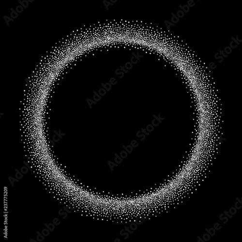 Silver circle isolated black background. Round gray frame, confetti, sparkles and sequins dust. Border design Christmas party, shine birthday decoration, bright Valentine card Vector illustration