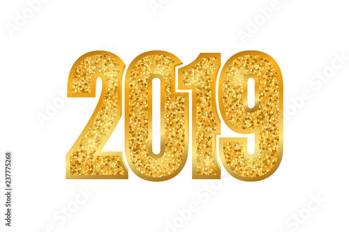 Happy New Year shiny gold number 2019. Golden glitter digits, isolated white background. Shiny glowing design, light sparkle Christmas celebration, greeting card, poster. Vector illustration