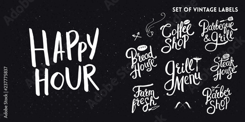 Set of white typographic hand drawn vintage text labels on black.