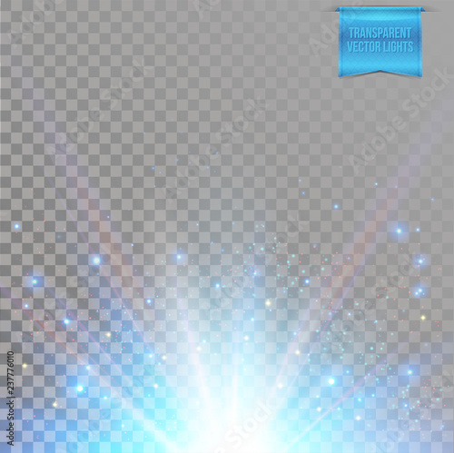 Sun, star burst with flare, rays of light and colored sparkles on transparent background.