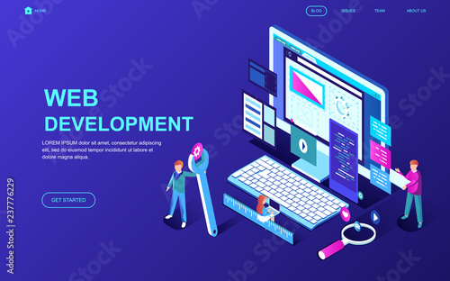 Modern flat design isometric concept of Web Development decorated people character for website and mobile website development. Isometric landing page template. Vector illustration.
