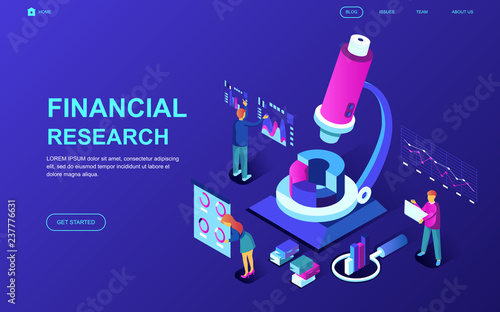 Modern flat design isometric concept of Financial Research decorated people character for website and mobile website development. Isometric landing page template. Vector illustration.