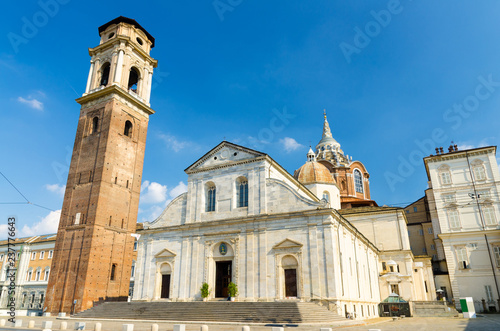 Duomo di Torino San Giovanni Battista catholic cathedral where the Holy Shroud of Turin is rested with bell tower and Sacra Sindone chapel on square in historical centre of Turin city, Piedmont, Italy photo