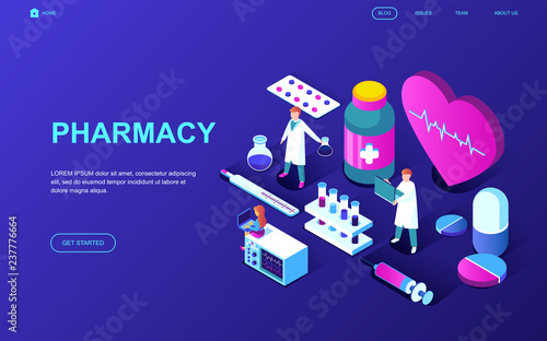 Modern flat design isometric concept of Pharmacist in Pharmacy decorated people character for website and mobile website development. Isometric landing page template. Vector illustration.