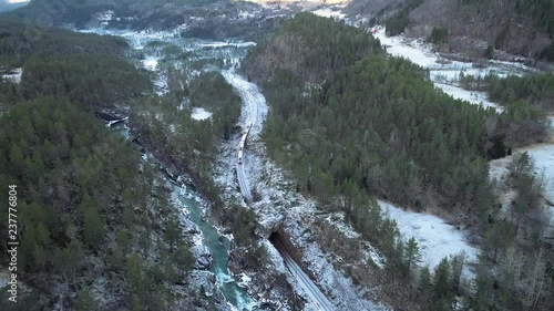 Train Oslo - Bergen in mountains. Hordaland, Norway.
