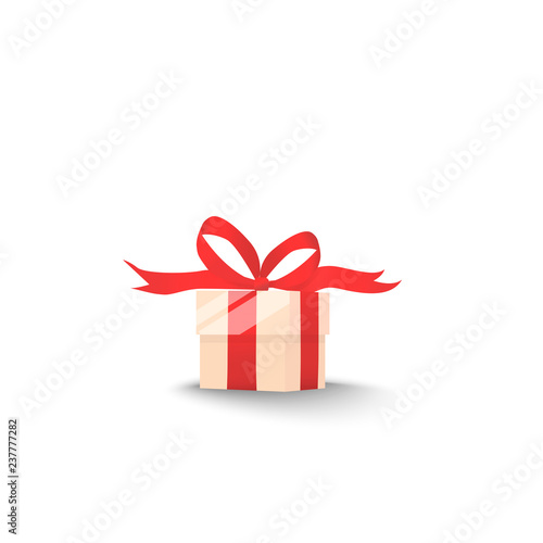 Gift box with red bow and ribbon with shadow isolated