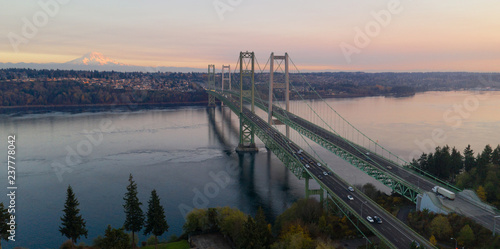 Aerial View Tacoma Narrows Bridges over Puget Sound Mount Rainier in the background photo