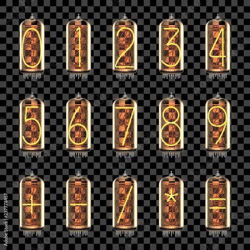 Numbers, math symbols set on tube indicator lamps