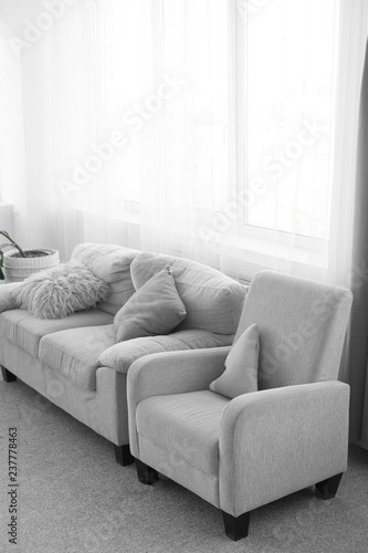 sofa with pillows. couch and chair. gray sofa next to the window. interior of the room