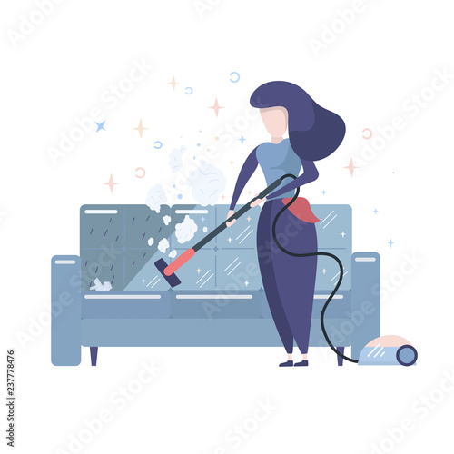 Vector Flat Style Illustration of Cleaning Service Women. Isolated on White Background. Housewife Cleaning Sofa With Vacuum Cleaner.