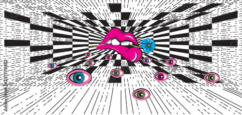 opart, popart, poster, vector illustration, teeth, flower, eyes, chess, line, stroke, harch, perspective, illusion, reflection, psychosis