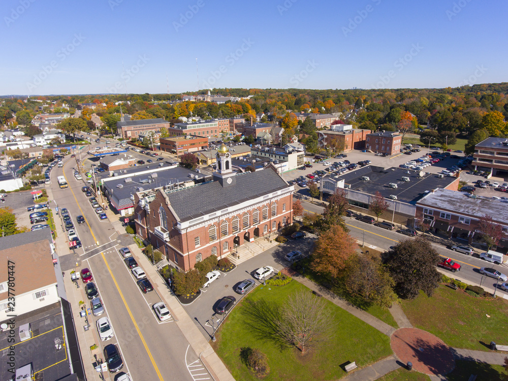 Town Hall and Historic building aerial view in Needham, Massachusetts, USA. Town Hall and Historic building aerial view in Needham, Massachusetts, USA.