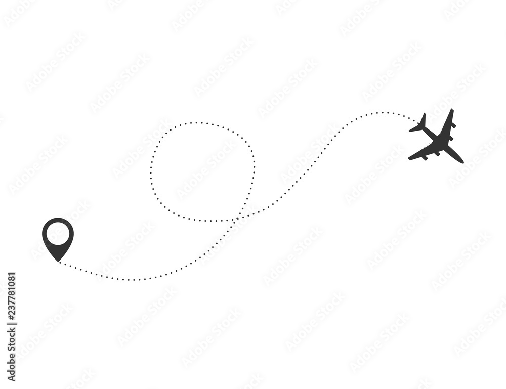 Fototapeta Airplane travel concept. Plane with destinations points and dash route line.