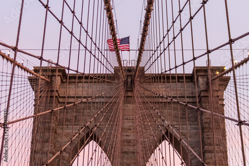 Detail of main suspension cables and suspenders attachment to one of the towers of the Brooklyn Bridge, New York City