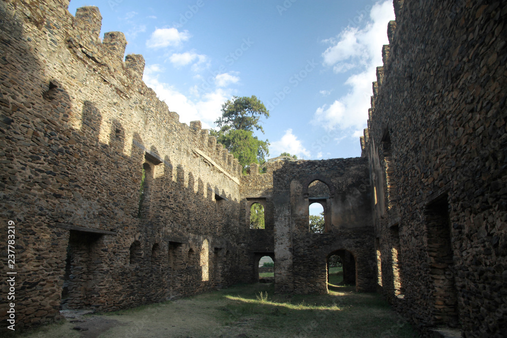 dziedziniec ruin starego średniowiecznego zamku w słoneczny dzień